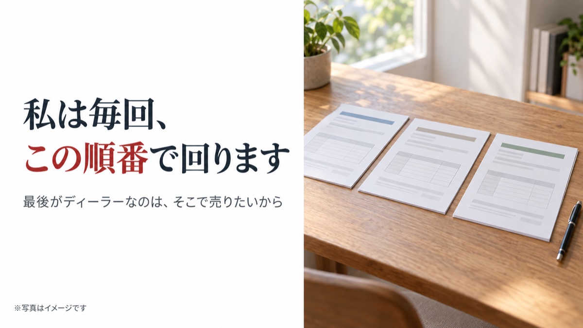私は毎回、この順番で回ります。最後がディーラーなのは、そこで売りたいから。写真はイメージです。